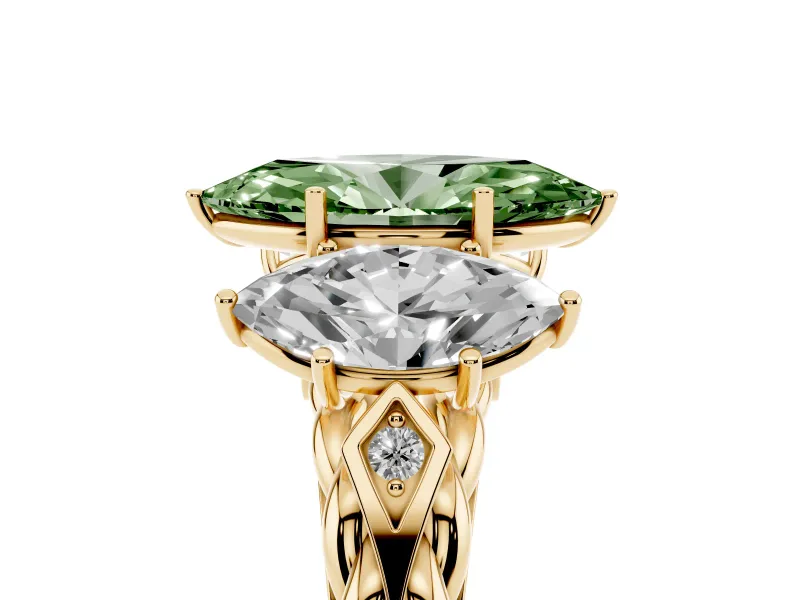 Fancy Green Marquise Cut Diamond Three-Stone Ring Set in Yellow gold with Braided Band