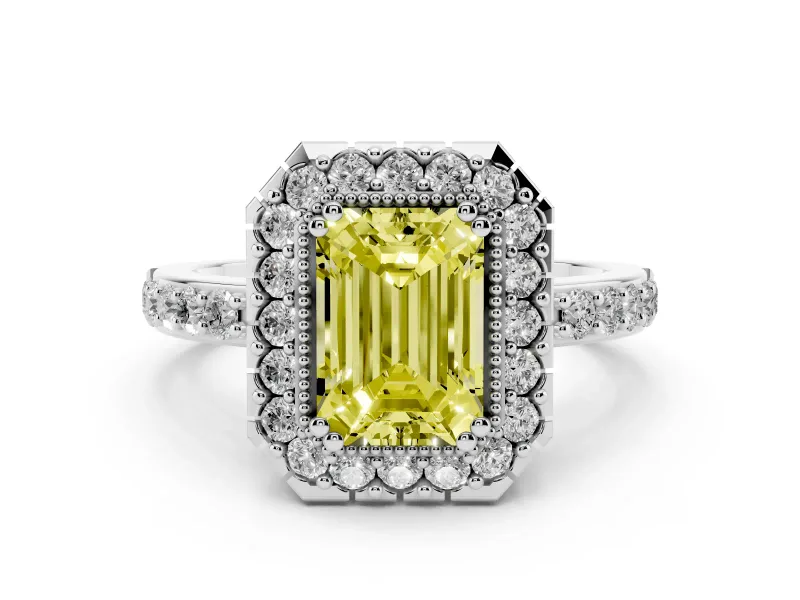 Fancy Yellow Emerald Cut Diamond Halo Ring Set in White gold with Pavé Shank and Prong Setting