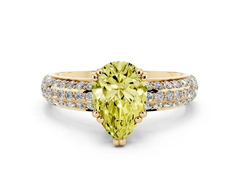 Fancy Yellow Pear Cut Diamond Solitaire Ring Set in Yellow gold with Multi-Row Round Pavé Band and Prong Setting