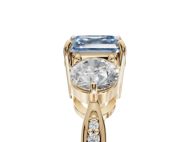Asscher Cut Three Stone Engagement Ring Setting for a Fancy Blue Lab-Grown Diamond | Tapered Pave Band | Yellow Gold