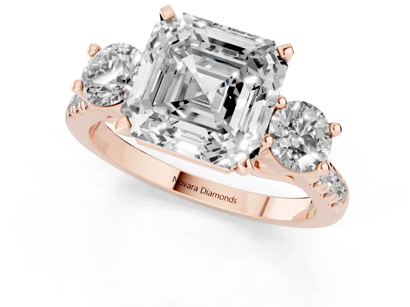 Asscher Cut Three-Stone Pavé Engagement Ring Setting | Round Side Stones | Rose Gold