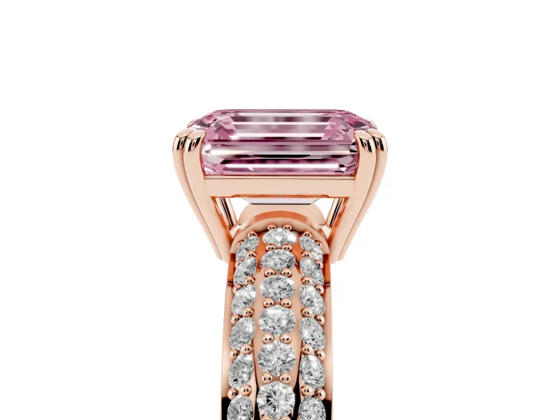 Emerald Cut Three Row Pave Engagement Ring Setting for a Fancy Pink Lab-Grown Diamond | Rose Gold