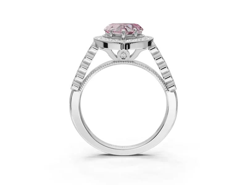Fancy Pink Heart-Shaped Lab-Grown Diamond Milgrain Halo Solitaire Ring Set in Sterling Silver with Bezel Set Side Stones and Pavé Band