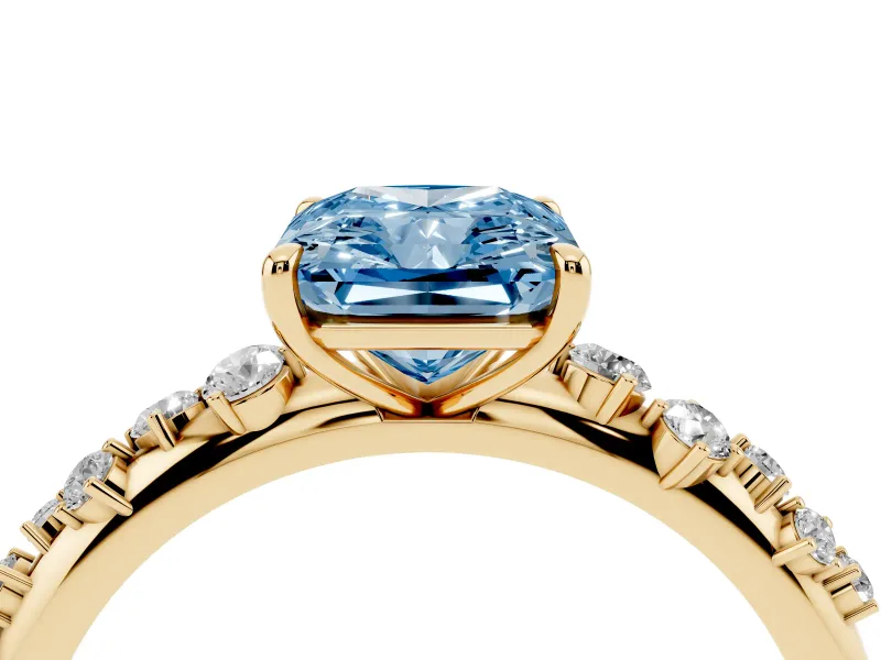 Fancy Blue Radiant Cut Diamond Cluster Solitaire Ring Set in Yellow gold with Prong Setting