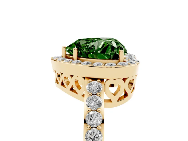 Fancy Green Heart Cut Diamond Halo Ring Set in Yellow gold with Pavé-Setting Band and Open Prong Center