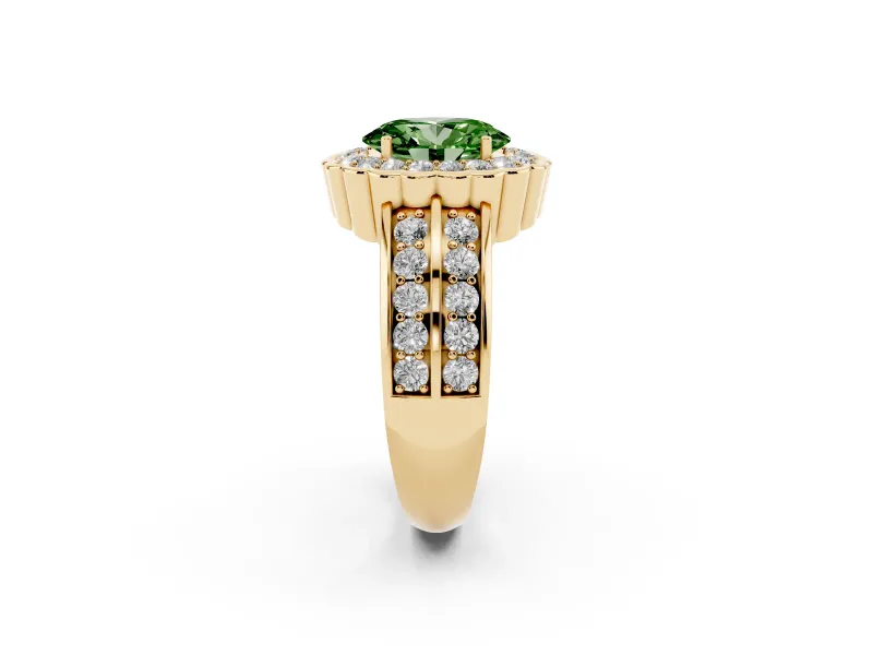 Fancy Green Oval Cut Diamond Scalloped Halo Ring Set in Yellow gold with Pavé Split Shank