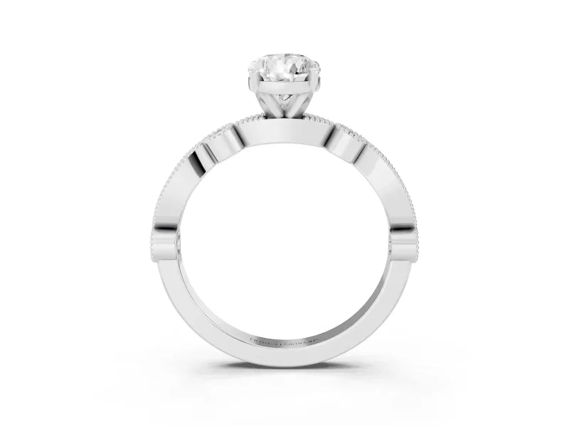 Pear Cut Diamond Solitaire Engagement Ring Set in Silver with Milgrain Bezel Accent Band