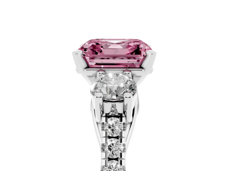 Fancy Pink Three-Stone Asscher Cut Diamond Pavé Band Ring Set in White gold with Prong-Set Trio