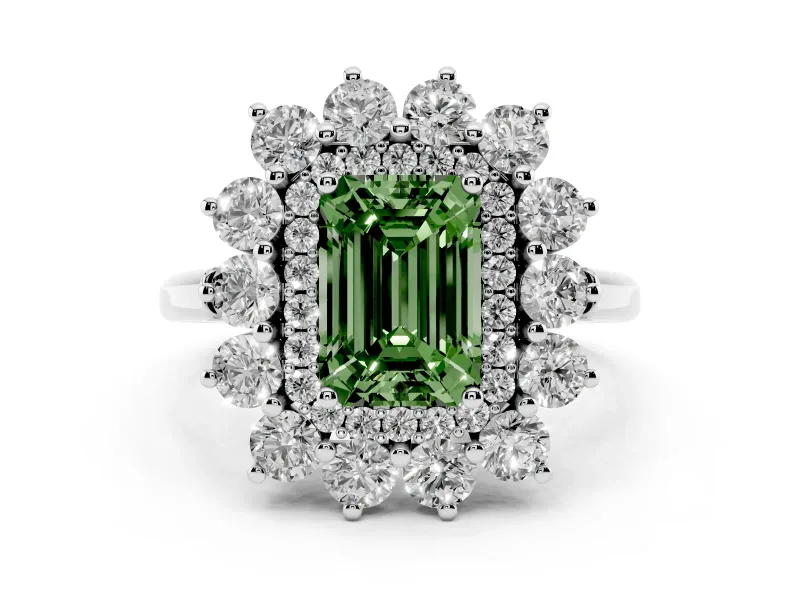 Fancy Green Emerald Cut Diamond Floral Double Halo Ring Set in White gold with Round Petals