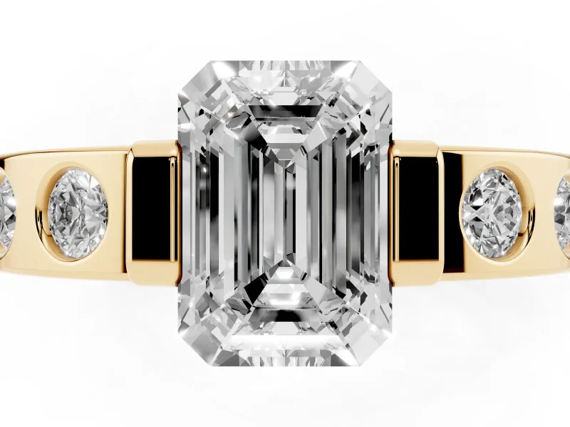 Emerald Cut Tension Style Engagement Ring Setting | Flush Set Accents | Yellow Gold