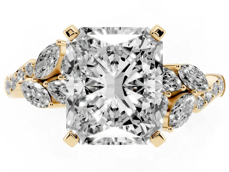 Radiant Cut Floral Engagement Ring Setting | Marquise Side Stones | Yellow Gold