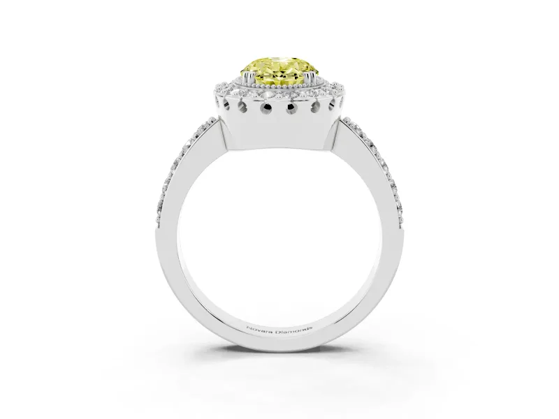 Fancy Yellow Oval Cut Diamond Halo Ring Set in Platinum with Pavé Shank and Prong Setting
