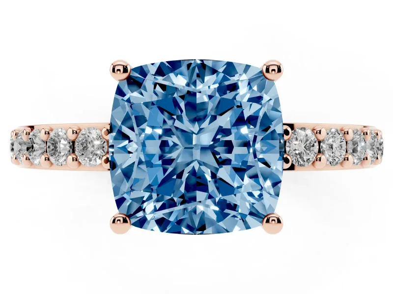 Fancy Blue Cushion Cut Diamond Solitaire Set in Rose gold with Round Pavé Band and Prong Setting