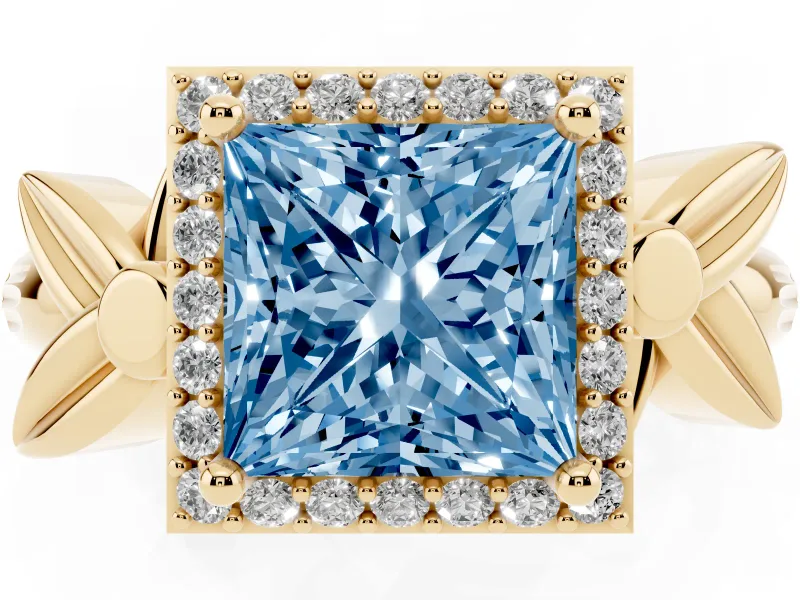 Princess Cut Floral Halo Engagement Ring Setting for a Fancy Blue Lab-Grown Diamond | Yellow Gold