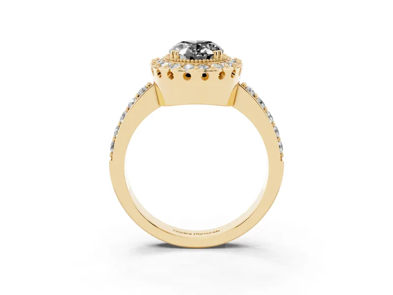 Oval Milgrain Halo Engagement Ring Setting for a Black Center | Pavé Shoulders | Yellow Gold