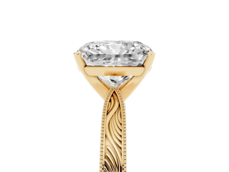 Radiant Cut Engraved Solitaire Engagement Ring Setting | Milgrain Edges | Yellow Gold