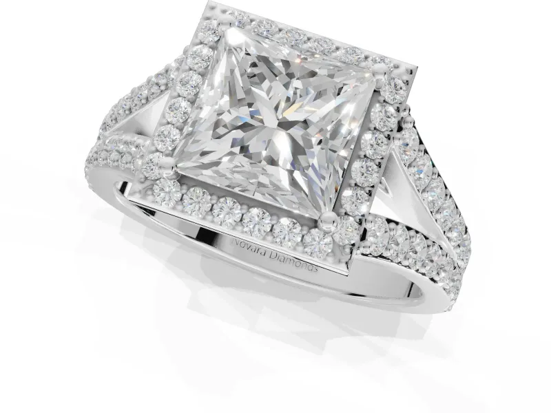Princess Cut Halo Pavé Engagement Ring Setting | Narrow Split Shank | White Gold