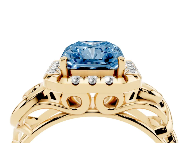 Radiant Cut Filigree Halo Engagement Ring Setting for a Fancy Blue Lab-Grown Diamond | Yellow Gold