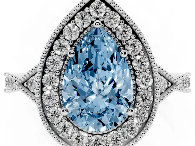 Fancy Blue Pear Cut Diamond Halo Engagement Ring Set in Platinum with Milgrain Pavé Band