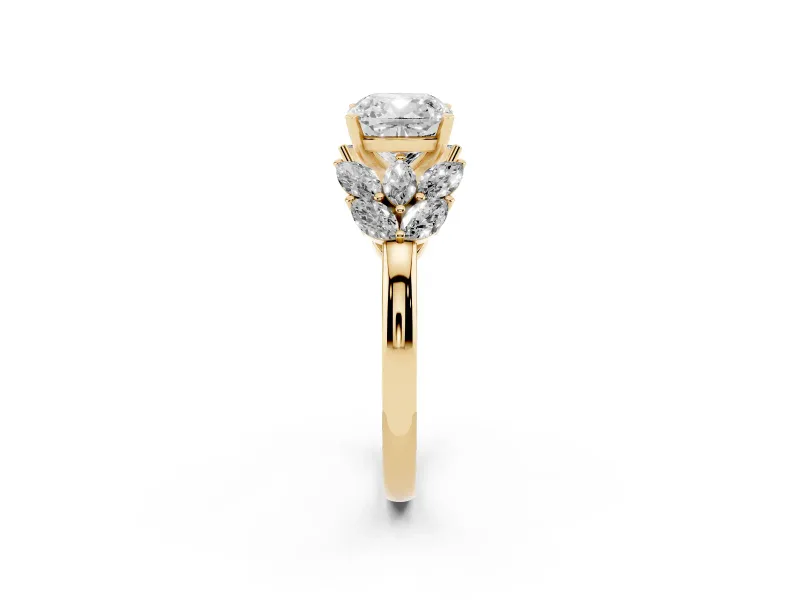 Cushion Cut Diamond Cluster Leaf Design Ring Set in Yellow gold with Prong Setting