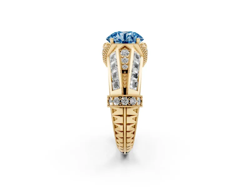 Fancy Blue Round Cut Diamond Vintage-Inspired Milgrain Ring Set in Yellow gold with Accent Split Shank