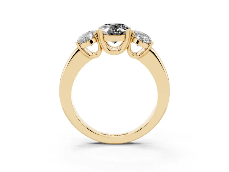 Fancy Black Oval Cut Diamond Three-Stone Ring Set in Yellow gold with Polished Band and Prong Setting