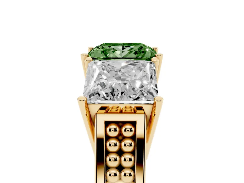 Princess Cut Three Stone Engagement Ring Setting for a Fancy Green Lab-Grown Diamond | Beaded Shoulders | Yellow Gold