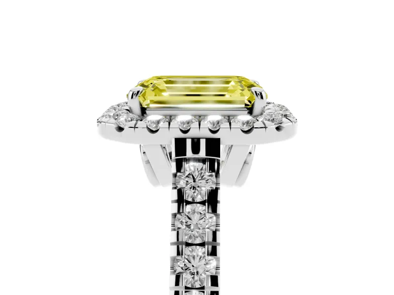 Emerald Cut Accented Halo Engagement Ring Setting for a Fancy Yellow Lab-Grown Diamond | Platinum