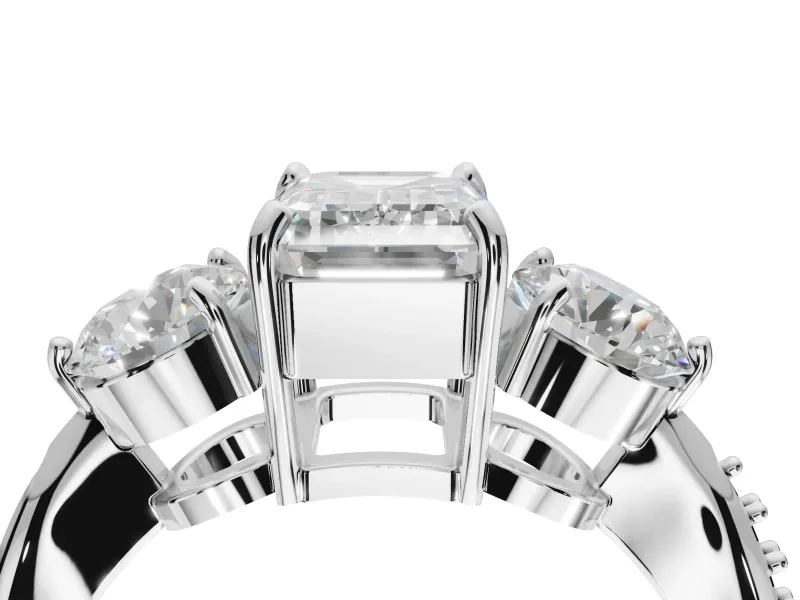 Emerald Cut Three Stone Engagement Ring Setting | Tapered Pave Band | Sterling Silver