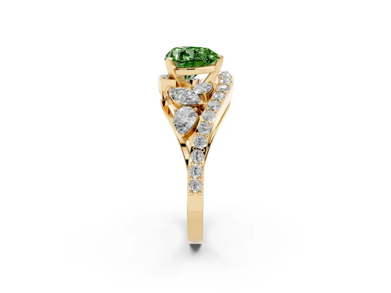 Fancy Green Heart Cut Diamond Halo Ring Set in Yellow gold with Marquise and Pavé Band in Prong Setting
