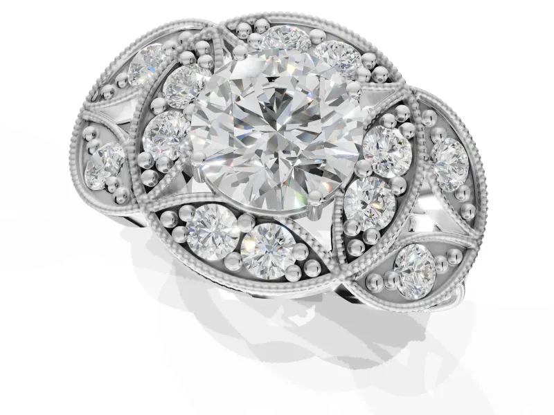 Round Vintage Floral Halo Engagement Ring Setting | Engraved Milgrain Band | Platinum