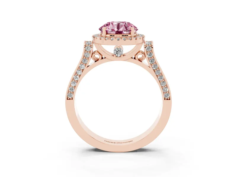 Round Pavé Halo Engagement Ring Setting for a Fancy Pink Lab-Grown Diamond | Rose Gold