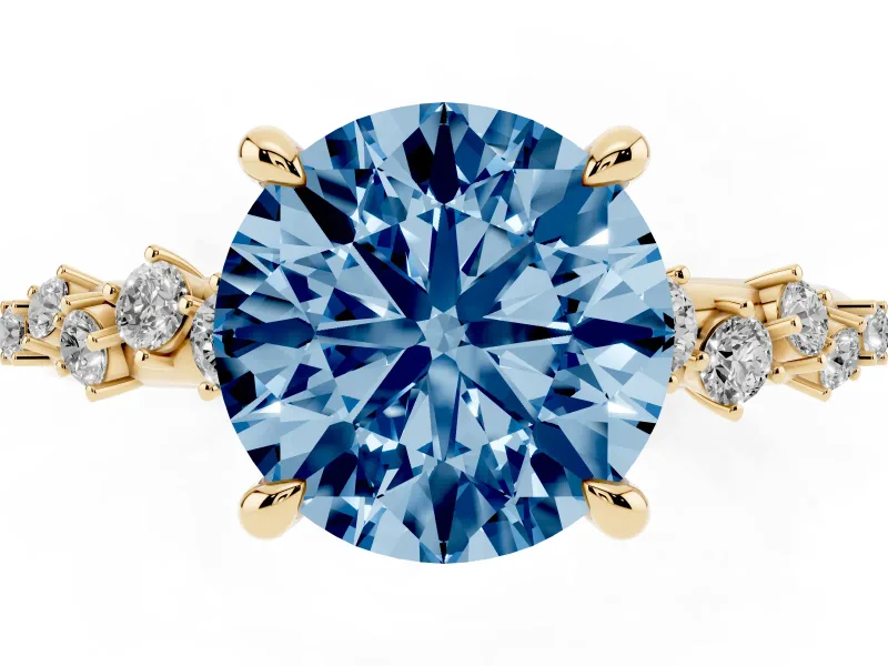 Fancy Blue Round Cut Diamond Solitaire Vine Band Ring Set in Yellow gold with Round Accents and Prong Setting