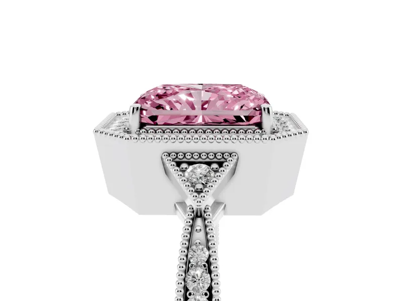 Fancy Pink Radiant Cut Diamond Halo Engagement Ring Set in Platinum with Milgrain Pavé Band