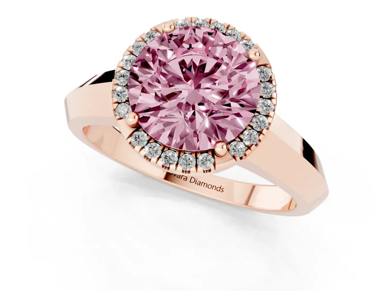 Fancy Pink Round Cut Diamond Halo Ring Set in Rose gold with Cathedral Band and Prong Setting