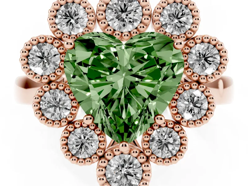 Heart-Shaped Milgrain Cluster Halo Engagement Ring Setting for a Fancy Green Lab-Grown Diamond | Plain Band | Rose Gold