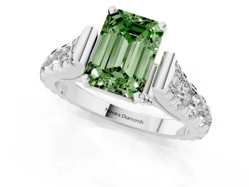 Fancy Green Emerald Cut Diamond Classic Solitaire Ring Set in Silver with Pavé Band and Prong Setting