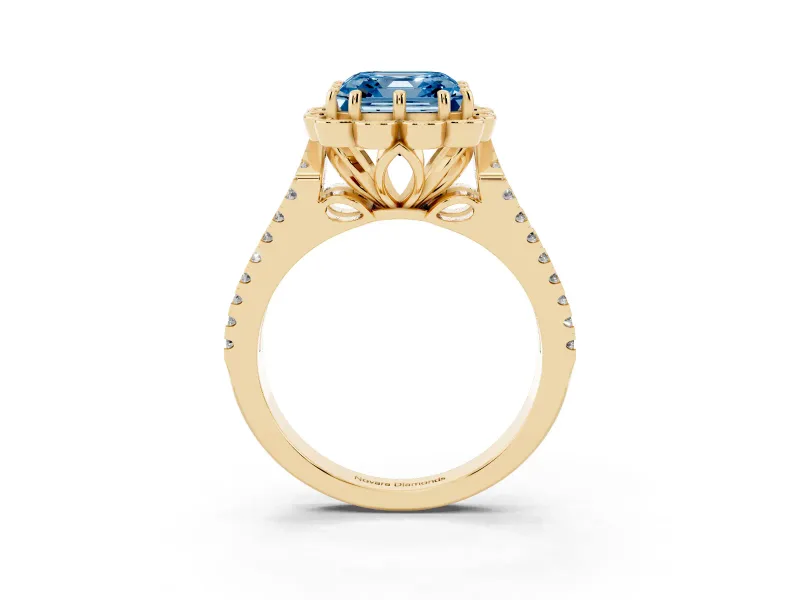 Asscher Cut Floral Halo Engagement Ring Setting for a Fancy Blue Lab-Grown Diamond | Pavé Split Shank | Yellow Gold