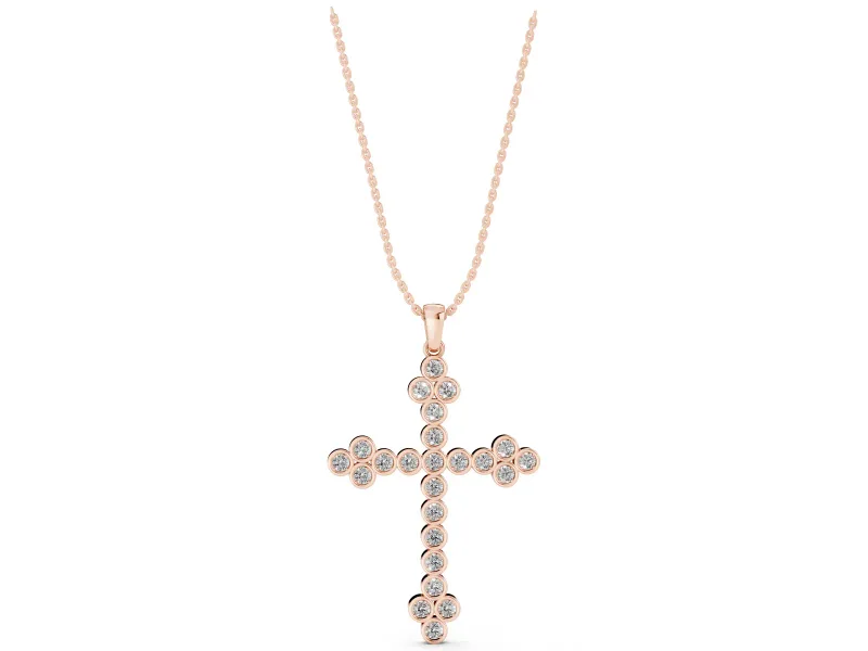 Round Lab-Grown Diamond Bezel Cross Pendant Necklace | Trefoil Ends | Rose Gold