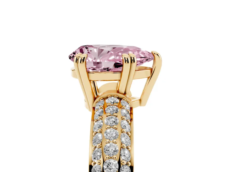 Pear-Shaped Three Row Pave Engagement Ring Setting for a Fancy Pink Lab-Grown Diamond | Yellow Gold