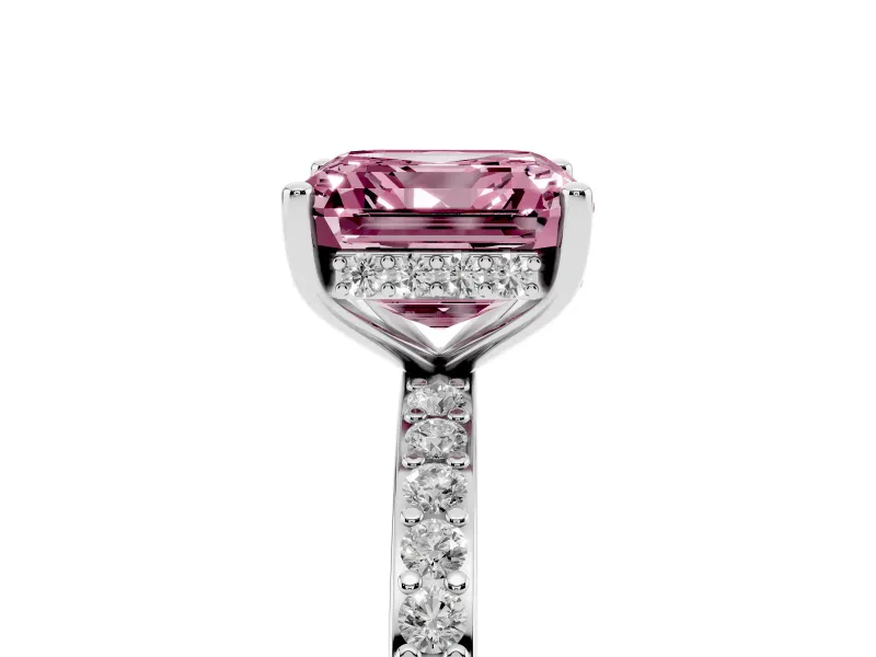Fancy Pink Asscher Cut Diamond Pavé Band Ring Set in Silver with Prong-Set Center Stone