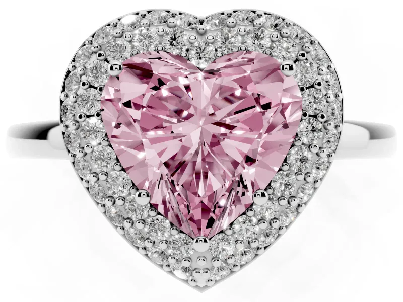 Fancy Pink Heart Cut Diamond Halo Engagement Ring Set in Platinum with Solitaire Band and Prong Setting