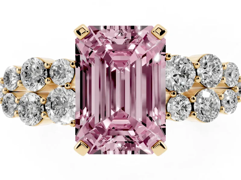 Emerald Cut Side Stone Engagement Ring Setting for a Fancy Pink Lab-Grown Diamond | Shoulder Clusters | Yellow Gold