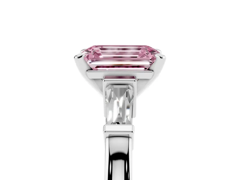 Fancy Pink Emerald Cut Diamond Solitaire Ring Set in Silver with Tapered Baguette Accents and Prong Setting