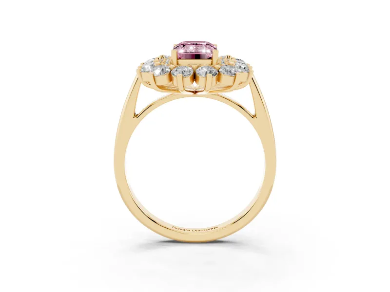 Emerald Cut Floral Double Halo Engagement Ring Setting for a Fancy Pink Lab-Grown Diamond | Plain Band | Yellow Gold