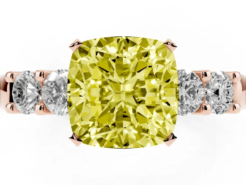 Fancy Yellow Cushion Cut Diamond Five-Stone Prong Set Engagement Ring Set in Rose gold with Channel Band