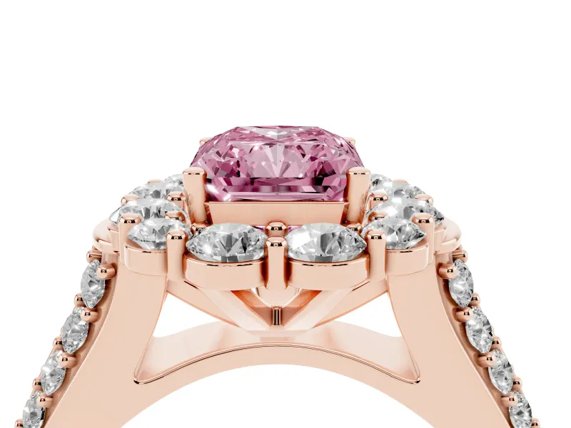Fancy Pink Radiant Cut Diamond Halo Engagement Ring Set in Rose gold with Split Shank and Prong Setting