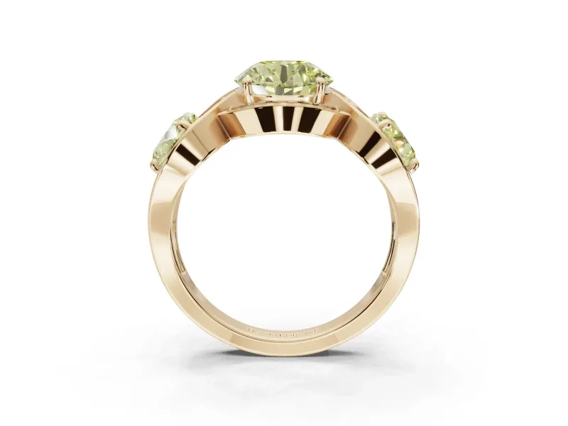 Round Three Stone Halo Engagement Ring Setting for a Fancy Yellow Lab-Grown Diamond | Pavé Wave Band | Yellow Gold