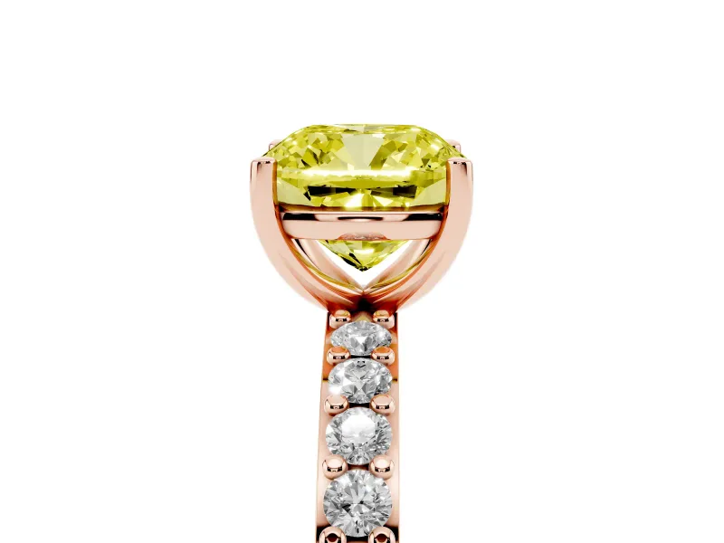 Fancy Yellow Cushion Cut Diamond Solitaire Set in Rose gold with Round Pavé Band and Prong Setting