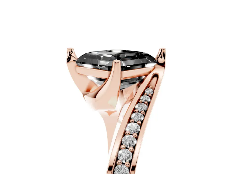 Fancy Black Asscher Cut Diamond Solitaire Ring Set in Rose gold with Intertwined Pavé Twist Band